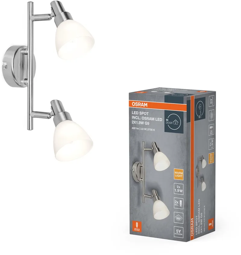 LED spot G9 2-lamps, warm wit licht (2700 K), LED's, 3,8 W, draaibaar, glazen diffusers, nikkel design, 400 lm von Osram in Silber – Produktfoto