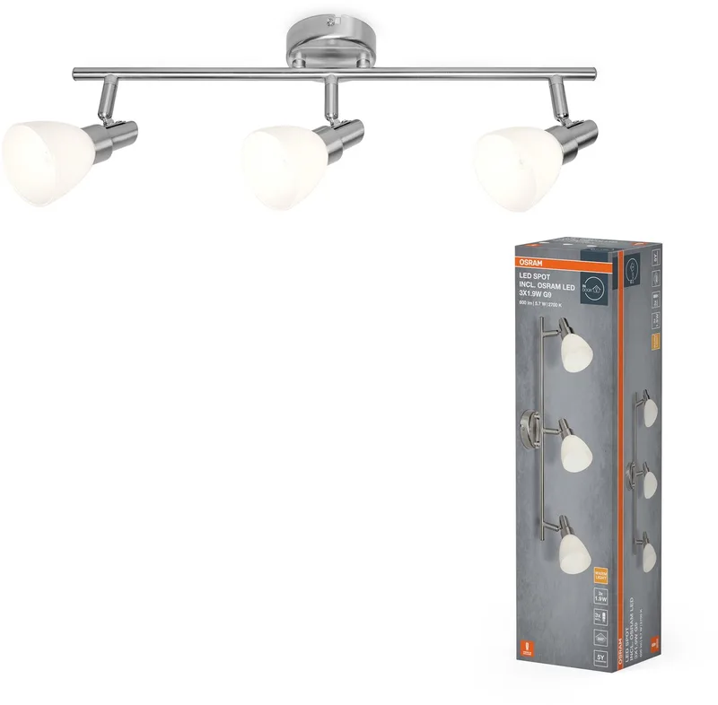 LED spot G9 3-lamps, warm wit licht (2700 K), LED's, 5,7 W, draaibaar, glazen diffusers, nikkel design, 600 lm von Osram in Silber – Produktfoto