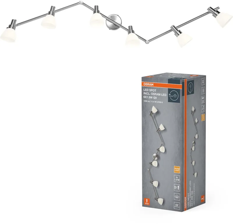 LED spot G9 6-lamps, warm wit licht (2700 K), LED's, 11,4 W, draaibaar, glazen diffusers, nikkel design, 1200 lm de Osram en Argent – photo produit