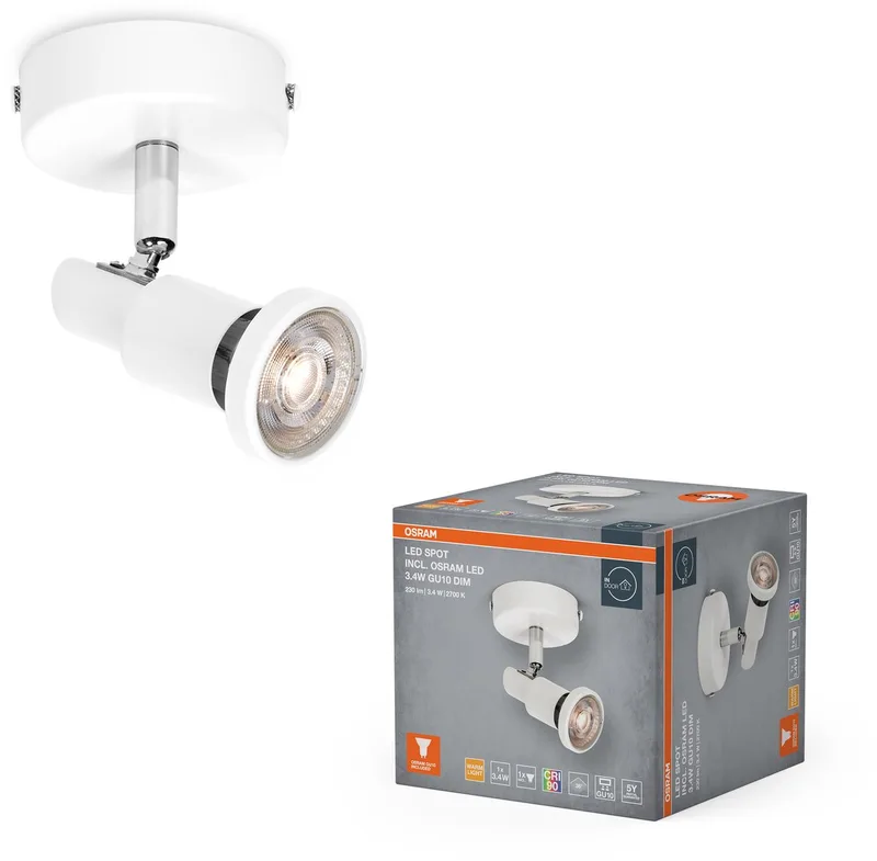 LED SPOT GU10 1 x 3,4W, 230lm, 2.700K kleurtemperatuur, warm witte lichtkleur, tijdloos ontwerp, vervangbare ledlamp, ideaal voor interieurs, CRI 90, verstelbare koppen van Osram in Wit – productfoto