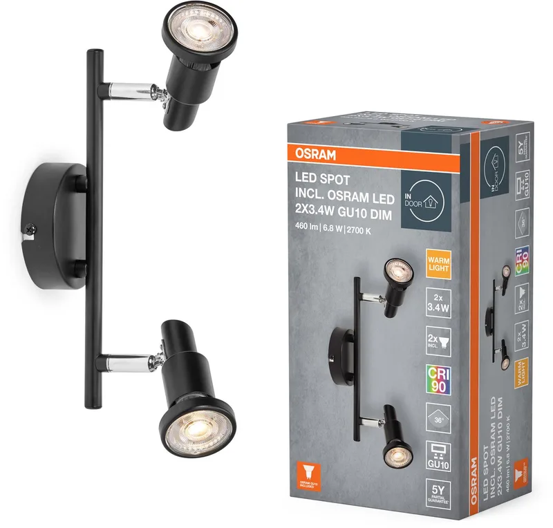 LED SPOT GU10 2 x 3,4W, 460lm, 2.700K Farbtemperatur, warmweiße Lichtfarbe, zeitloses Design, austauschbare LED-Lampe, ideal für Innenräume, CRI 90, verstellbare Köpfe fra Osram i Sort – produktbillede