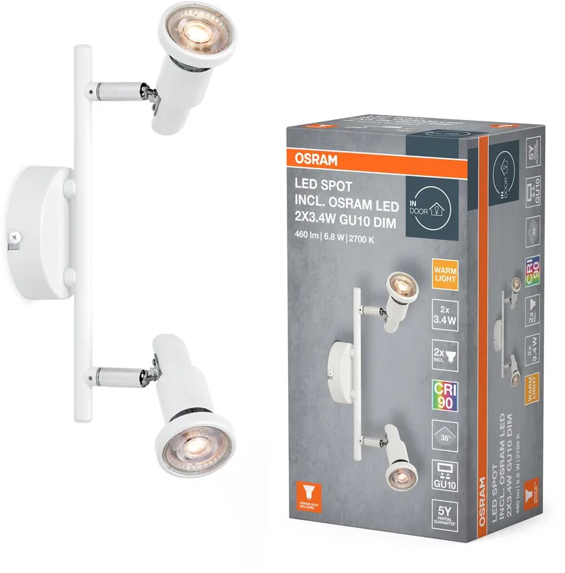 LED SPOT GU10 2 x 3,4W, 460lm, 2.700K Farbtemperatur, warmweiße Lichtfarbe, zeitloses Design, austauschbare LED-Lampe, ideal für Innenräume, CRI 90, verstellbare Köpfe de Osram en Blanc – photo produit