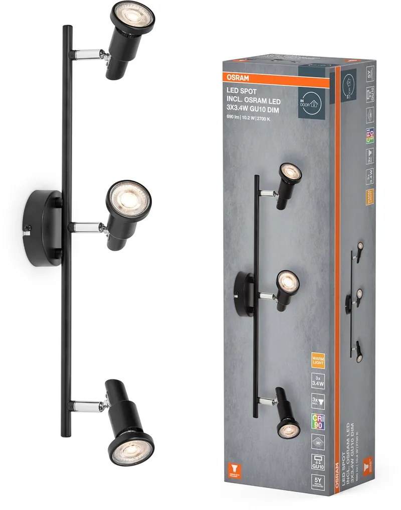 LED SPOT GU10 3 x 3,4W, 690lm, 2.700K Farbtemperatur, warmweiße Lichtfarbe, zeitloses Design, austauschbare LED-Lampe, ideal für Innenräume, CRI 90, verstellbare Köpfe de Osram en Noir – photo produit
