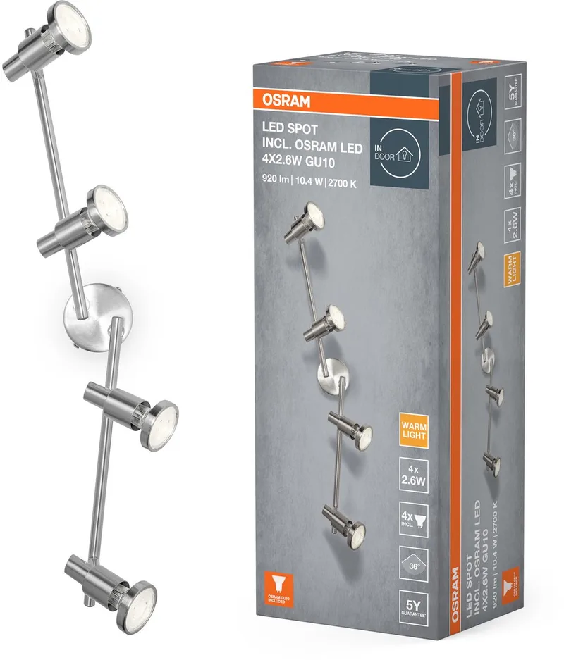 LED spot GU10 4-lamps, draaibaar, LED's, warm wit (2700 K), plafond- en wandspot in nikkel, 10,4 W, 920 lm de Osram en Argent – photo produit
