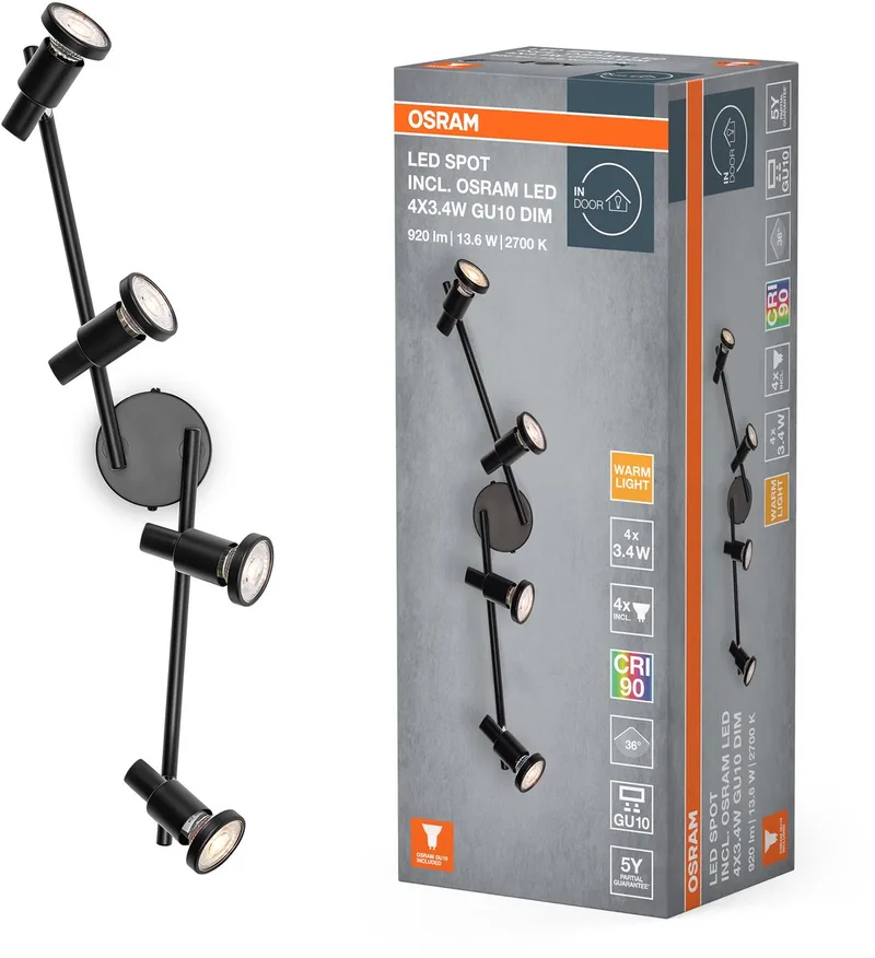 LED SPOT GU10 4 x 3,4W, 920lm, 2.700K Farbtemperatur, warmweiße Lichtfarbe, zeitloses Design, austauschbare LED-Lampe, ideal für Innenräume, CRI 90, verstellbare Köpfe by Osram in Black – product photo