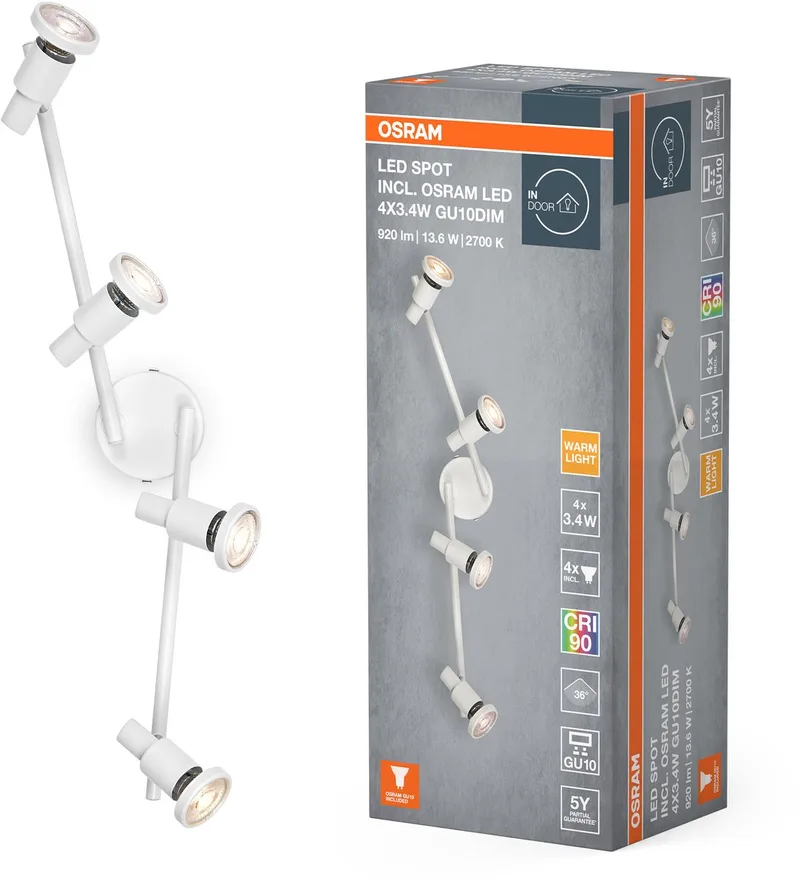 LED SPOT GU10 4 x 3,4W, 920lm, 2.700K Farbtemperatur, warmweiße Lichtfarbe, zeitloses Design, austauschbare LED-Lampe, ideal für Innenräume, CRI 90, verstellbare Köpfe de Osram en Blanc – photo produit