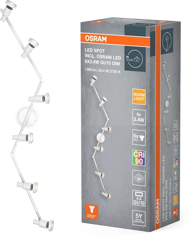 LED SPOT GU10 6 x 3,4W, 1380lm, 2.700K Farbtemperatur, warmweiße Lichtfarbe, zeitloses Design, austauschbare LED-Lampe, ideal für Innenräume, CRI 90, verstellbare Köpfe van Osram in Wit – productfoto