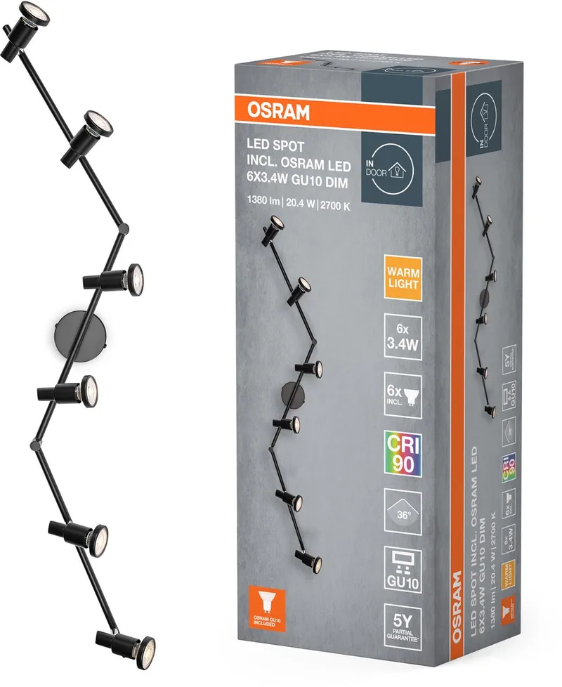 LED SPOT GU10 6 x 3,4W, 1380lm, 2.700K Farbtemperatur, warmweiße Lichtfarbe, zeitloses Design, austauschbare LED-Lampe, ideal für Innenräume, CRI 90, verstellbare Köpfe fra Osram i Sort – produktbillede