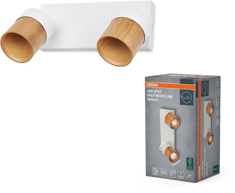 LED Spot Half Wood Line Plafondspot 2x GU10, Wit/Hout decor, Staal/Rubberhout, draaibaar fra Osram i Hvid, Houtdecor – produktbillede