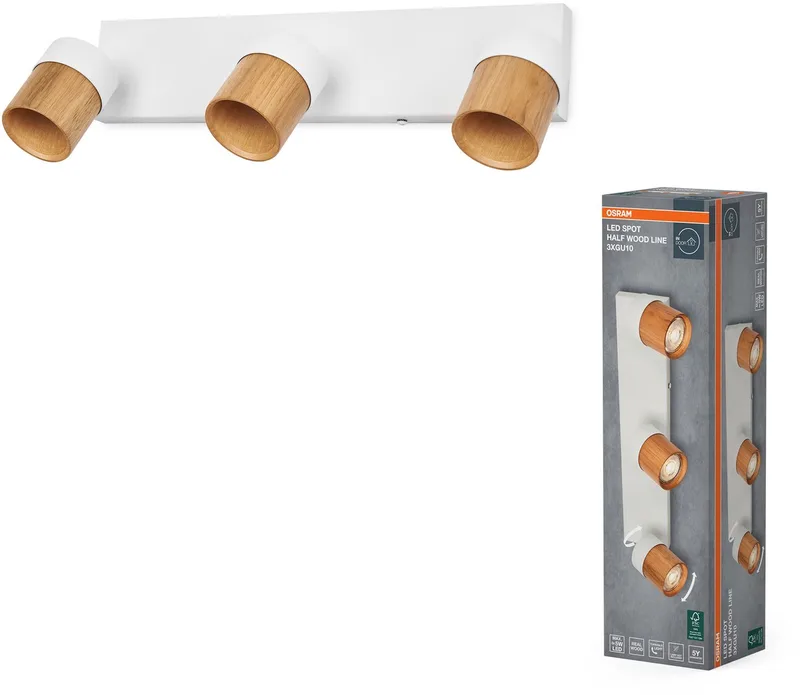 LED Spot Half Wood Line Plafondspot 3x GU10, Wit/Hout decor, Staal/Rubberhout, draaibaar von Osram in Weiß, Houtdecor – Produktfoto
