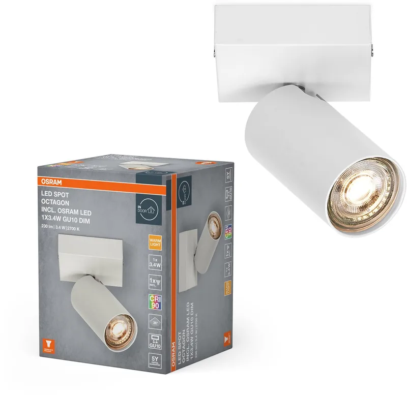LED SPOT OCTAGON 1 x 3,4W, GU10, 230lm, 2.700K kleurtemperatuur, warm witte lichtkleur, tijdloos ontwerp, vervangbare ledlamp, ideaal voor interieurs, CRI 90, verstelbare koppen, dimbaar van Osram in Wit – productfoto