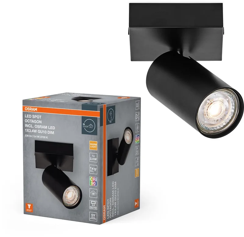 LED SPOT OCTAGON 1 x 3,4W, GU10, 230lm, 2.700K kleurtemperatuur, warm witte lichtkleur, tijdloos, vervangbare ledlamp, ideaal voor interieurs, CRI 90, verstelbare koppen, dimbaar van Osram in Zwart – productfoto