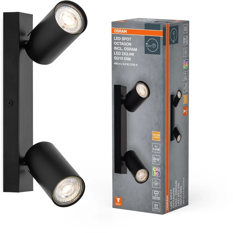 LED SPOT OCTAGON 2 x 3,4W, GU10, 460lm, 2.700K kleurtemperatuur, warm witte lichtkleur, tijdloos, vervangbare ledlamp, ideaal voor interieurs, CRI 90, verstelbare koppen, dimbaar van Osram in Zwart – productfoto