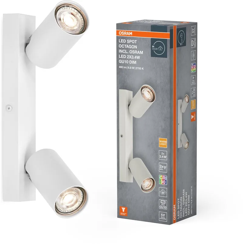 LED SPOT OCTAGON 2 x 3,4W, GU10, 460lm, 2.700K kleurtemperatuur, warm witte lichtkleur, tijdloos ontwerp, vervangbare ledlamp, ideaal voor interieurs, CRI 90, verstelbare koppen van Osram in Wit – productfoto