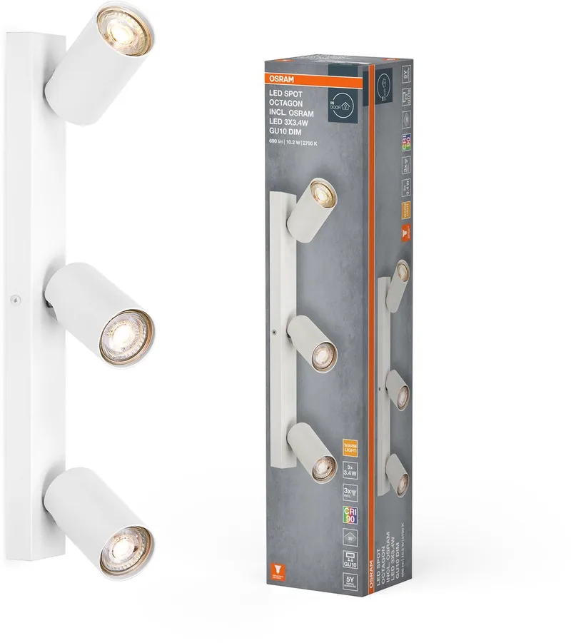 LED SPOT OCTAGON 3 x 3,4W, GU10, 690lm, 2.700K kleurtemperatuur, warm witte lichtkleur, tijdloos ontwerp, vervangbare ledlamp, ideaal voor interieurs, CRI 90, verstelbare koppen van Osram in Wit – productfoto