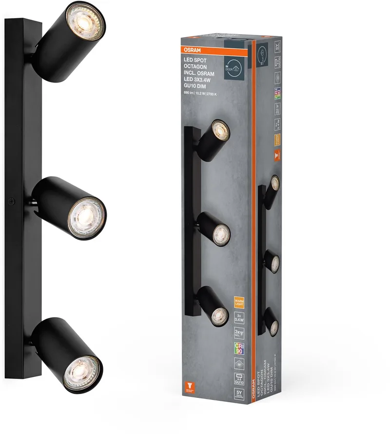 LED SPOT OCTAGON 3 x 3,4W, GU10, 690lm, 2.700K kleurtemperatuur, warm witte lichtkleur, tijdloos, vervangbare ledlamp, ideaal voor interieurs, CRI 90, verstelbare koppen, dimbaar van Osram in Zwart – productfoto