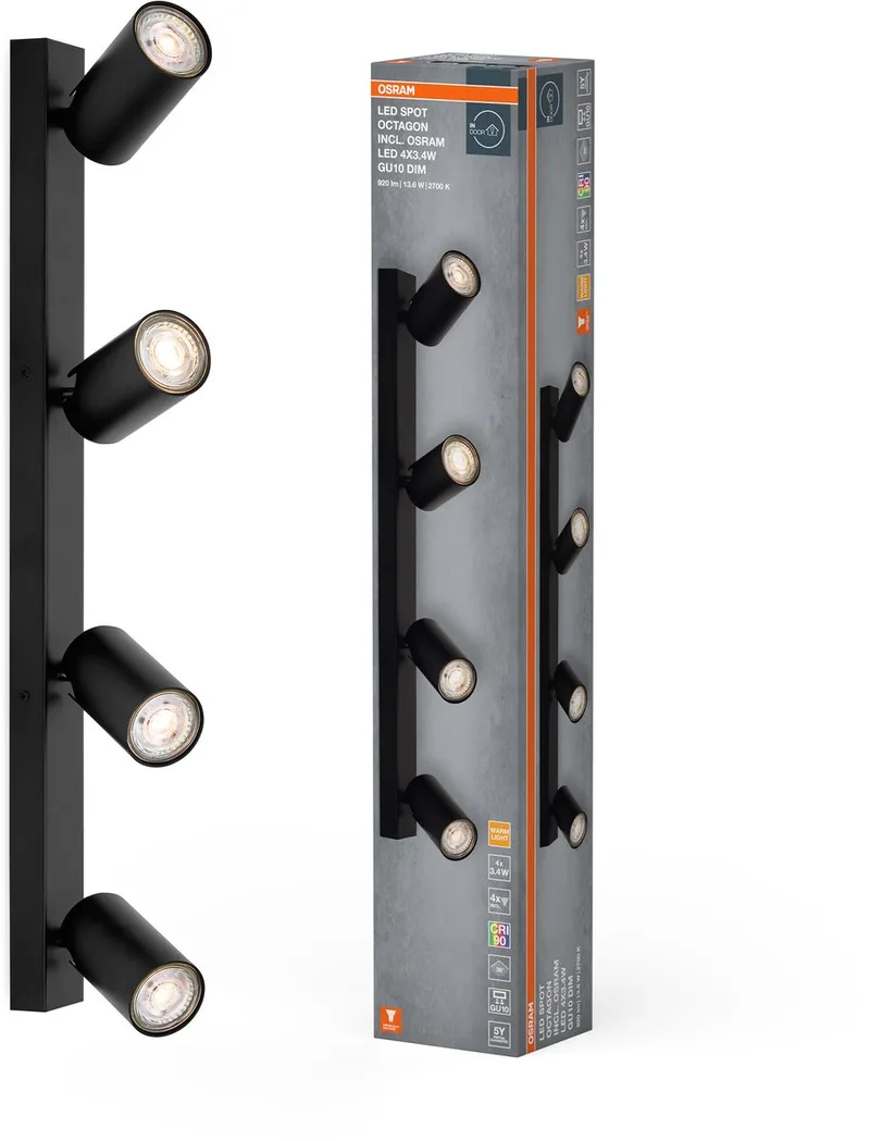 LED SPOT OCTAGON 4 x 3,4W, GU10, 920lm, 2.700K kleurtemperatuur, warm witte lichtkleur, tijdloos, vervangbare ledlamp, ideaal voor interieurs, CRI 90, verstelbare koppen, dimbaar van Osram in Zwart – productfoto