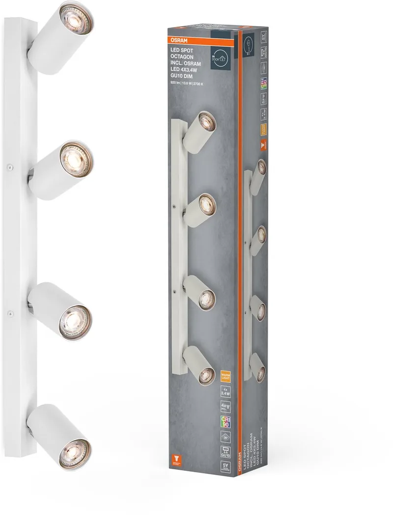 LED SPOT OCTAGON 4 x 3,4W, GU10, 920lm, 2.700K kleurtemperatuur, warm witte lichtkleur, tijdloos ontwerp, vervangbare ledlamp, ideaal voor interieurs, CRI 90, verstelbare koppen van Osram in Wit – productfoto