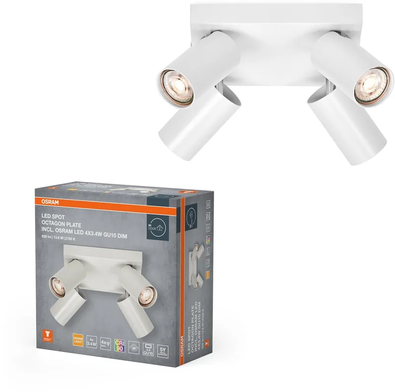 LED SPOT OCTAGON PL 4 x 3,4W, GU10, 920lm, 2.700K kleurtemperatuur, warm witte lichtkleur, tijdloos ontwerp, vervangbare ledlamp, ideaal voor interieurs, CRI 90, verstelbare koppen van Osram in Wit – productfoto