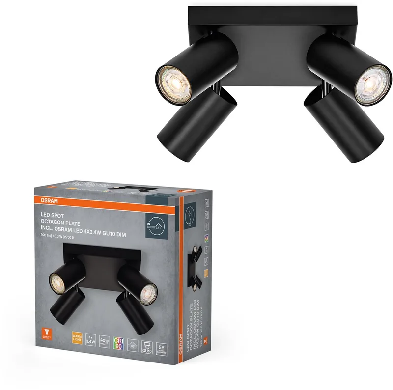 LED SPOT OCTAGON PL 4 x 3,4W, GU10, 920lm, 2.700K kleurtemperatuur, warm witte lichtkleur, tijdloos, vervangbare ledlamp, ideaal voor interieurs, CRI 90, verstelbare koppen, dimbaar van Osram in Zwart – productfoto