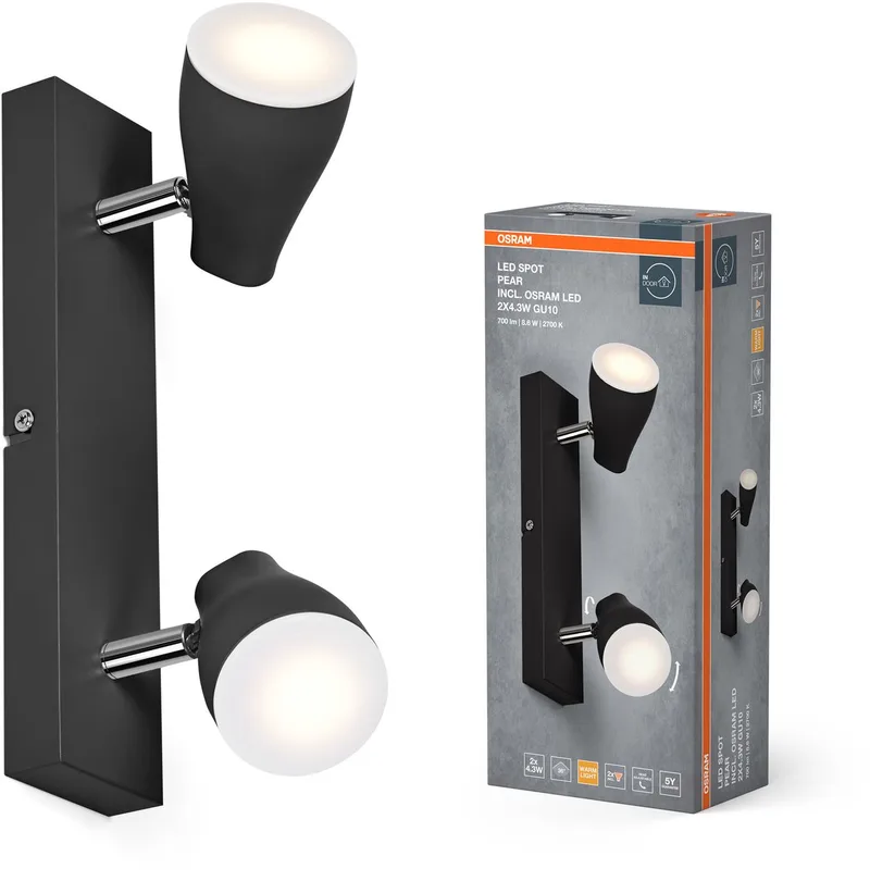 LED SPOT PEAR plafondmontagespot 260mm, 8,6W, 420lm, gericht licht met warm witte lichtkleur, met flexibele GU10 kop, inclusief GU10 lamp, IP20, 2700K. van Osram in Zwart – productfoto