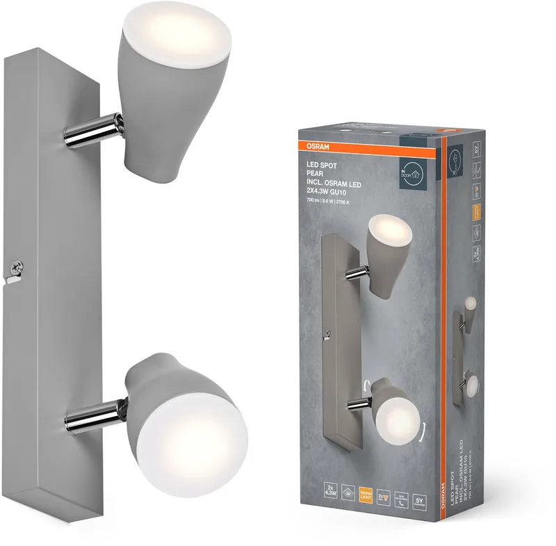 LED SPOT PEAR plafondmontagespot 260mm, 8,6W, 420lm, gericht licht met warm witte lichtkleur, met flexibele GU10 kop, inclusief GU10 lamp, IP20, 2700K. van Osram in Grijs – productfoto