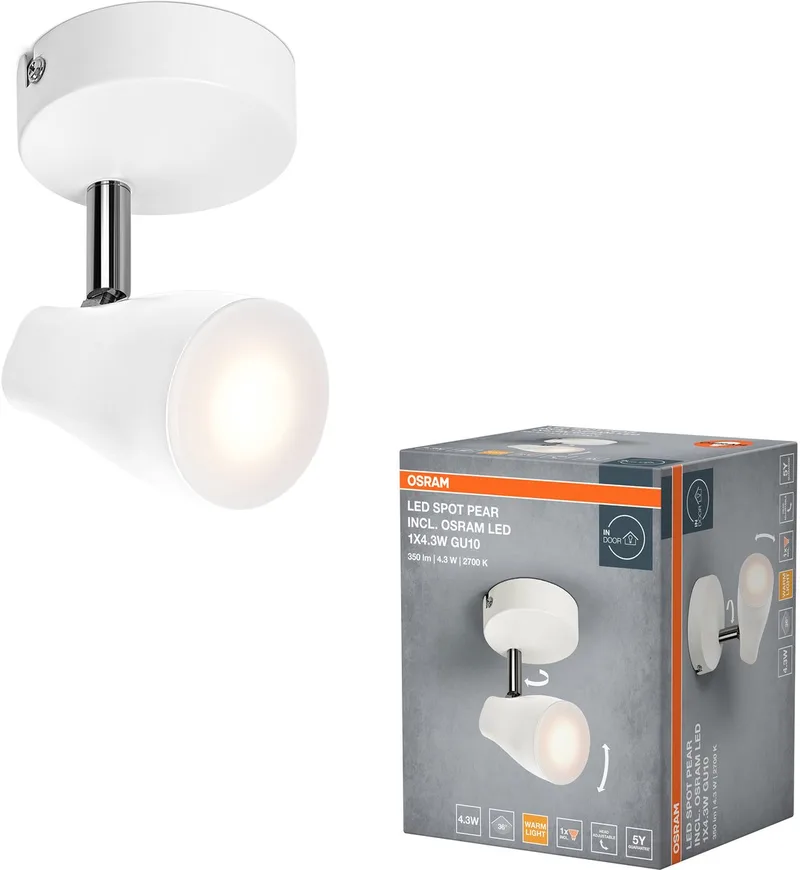 LED SPOT PEAR plafondmontagespot, 4,3W, 210lm, gericht licht met warm witte lichtkleur, met flexibele GU10 kop, inclusief GU10 lamp, IP20, 2700K. de Osram en Blanc – photo produit