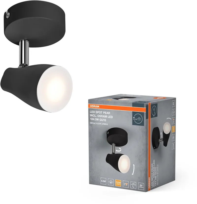 LED SPOT PEAR plafondmontagespot, 4,3W, 210lm, gericht licht met warm witte lichtkleur, met flexibele GU10 kop, inclusief GU10 lamp, IP20, 2700K. van Osram in Zwart – productfoto