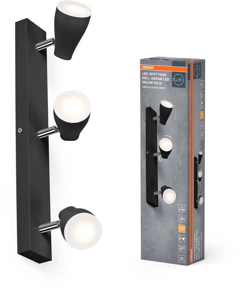 LED SPOT PEAR plafondmontagespot 430mm, 12,9W, 630lm, gericht licht met warm witte lichtkleur, met flexibele GU10 kop, inclusief GU10 lamp, IP20, 2700K. van Osram in Zwart – productfoto