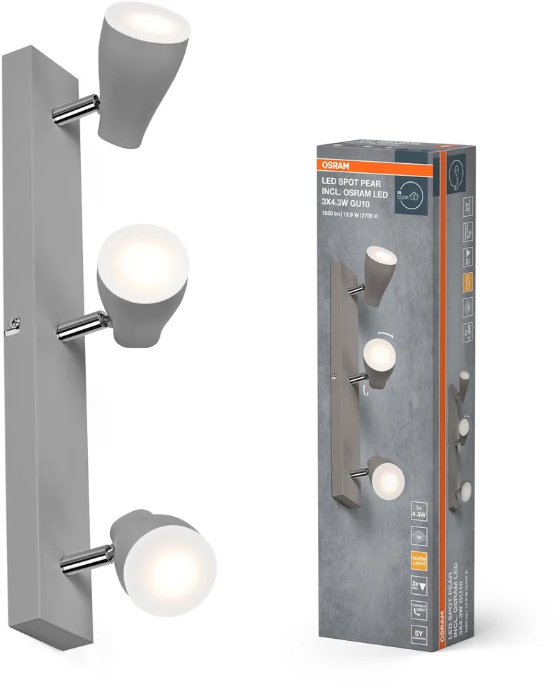 LED SPOT PEAR plafondmontagespot 430mm, 12,9W, 630lm, gericht licht met warm witte lichtkleur, met flexibele GU10 kop, inclusief GU10 lamp, IP20, 2700K. van Osram in Grijs – productfoto