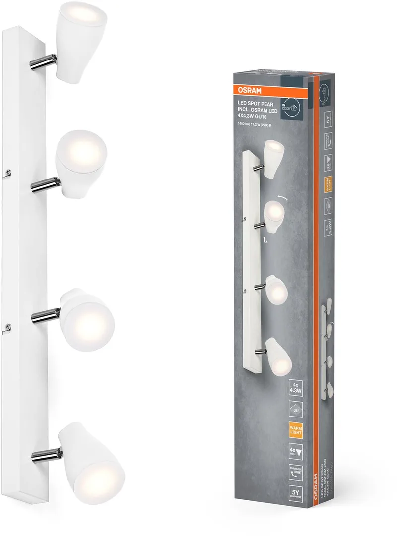 LED SPOT PEAR plafondmontagespot 600mm, 17,2W, 840lm, gericht licht met warm witte lichtkleur, met flexibele GU10 kop, inclusief GU10 lamp, IP20, 2700K. van Osram in Wit – productfoto