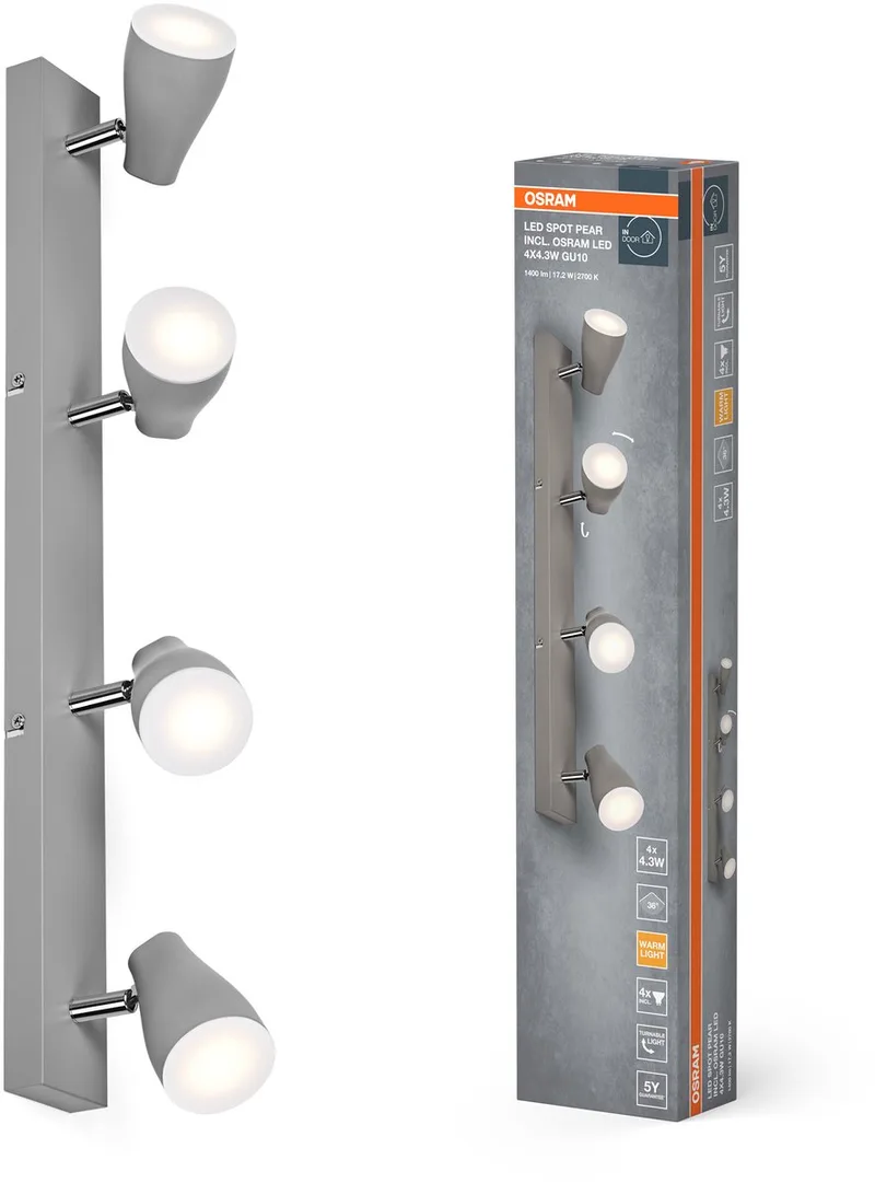 LED SPOT PEAR plafondmontagespot 600mm, 17,2W, 840lm, gericht licht met warm witte lichtkleur, met flexibele GU10 kop, inclusief GU10 lamp, IP20, 2700K. van Osram in Grijs – productfoto