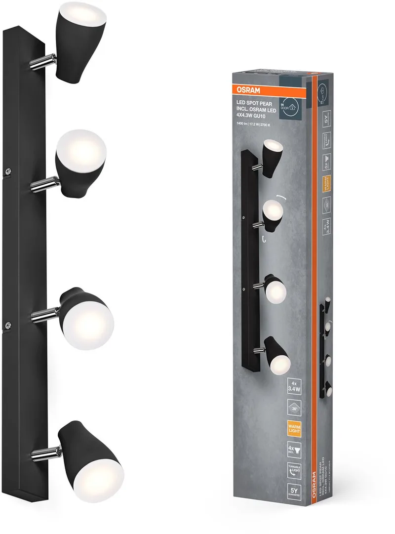LED SPOT PEAR plafondmontagespot 600mm, 17,2W, 840lm, gericht licht met warm witte lichtkleur, met flexibele GU10 kop, inclusief GU10 lamp, IP20, 2700K. van Osram in Zwart – productfoto