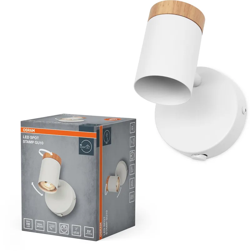 LED Spot Stamp plafondlamp 1xGU10 Wit Hout, enkele spot 230V, draaibaar voor accentverlichting woonkamer de Osram en Blanc, Houtdecor – photo produit