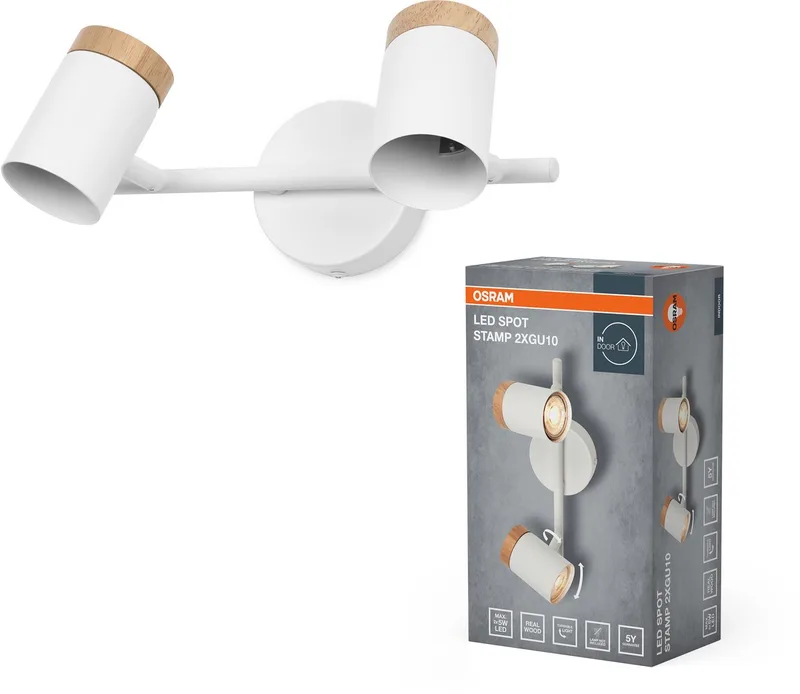 LED Spot Stamp plafondlamp 2xGU10 Wit Hout, dubbele spot 230V, verstelbare spots voor hal & entree de Osram en Blanc, Houtdecor – photo produit