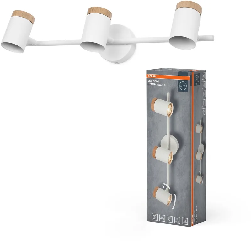 LED Spot Stamp plafondlamp 3xGU10 wit hout, drievoudige spotbalk 230V, draaibare spots voor de woonkamer fra Osram i Hvid, Houtdecor – produktbillede