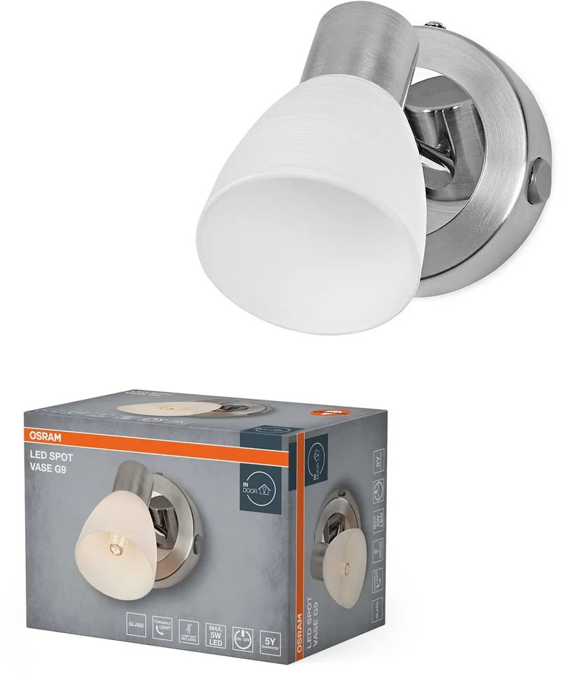 LED Spot Vase Wand- en Plafondspot G9, Geborsteld Nikkel, Chroom, Staal, verstelbaar, Glazen Diffuser de Osram en Geborsteld nikkel, Chrome – photo produit