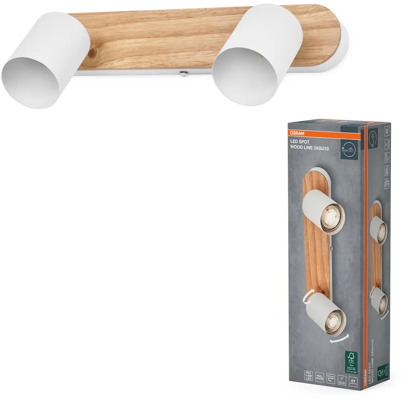 LED Spot Wood Line Plafondspot 2x GU10, Wit/Hout decor, Staal/Rubberhout, draaibaar, IP20, Binnenruimte de Osram en Blanc, Houtdecor – photo produit
