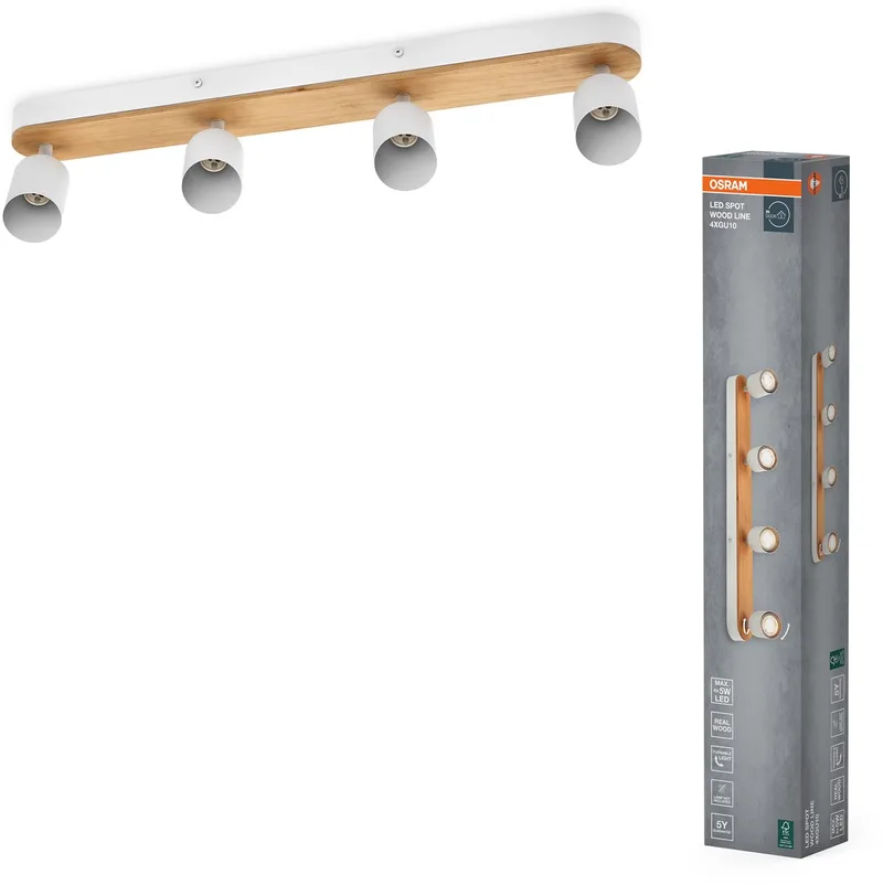 LED Spot Wood Line Plafondspot 4x GU10, Wit/Hout decor, Staal/Rubberhout, draaibaar, IP20, Binnenruimte de Osram en Blanc, Houtdecor – photo produit