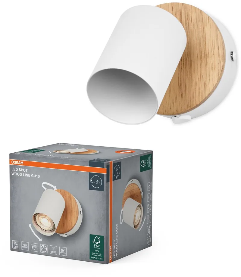 LED Spot Wood Line Plafondspot GU10, Wandspot, Wit/Hout decor, Staal/Rubberhout, draaibaar, AAN/UIT de Osram en Blanc, Houtdecor – photo produit
