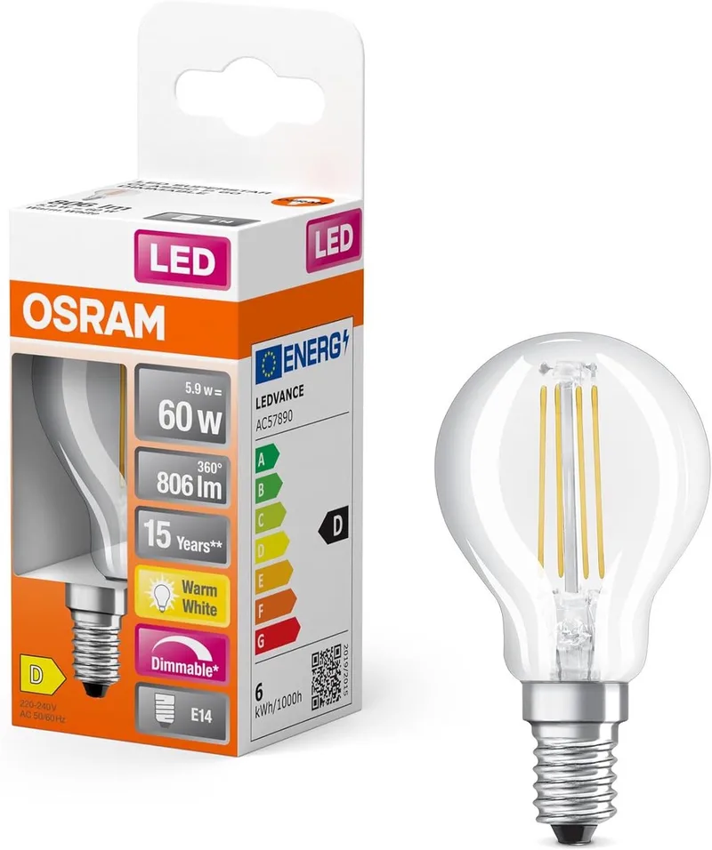 LED SST Classic P45 Lamp E14 - 6.5W 806lm 2700K 230V - Ø45mm - Geschikt voor plafondlampen, wandlampen, eetkamerlampen by Osram – product photo