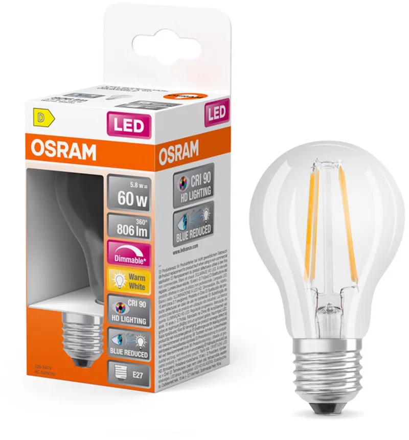 Dæmpbar LED-pære E27 5,8W 90-99ra 2700K fra Osram – produktbillede