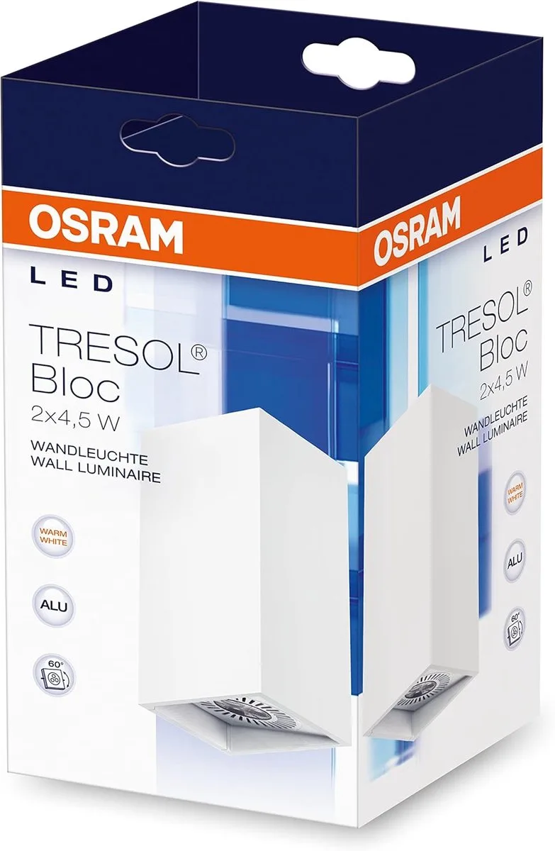 LED wandlamp, Tresol, wit, binnenlamp, horizontale en verticale montage, LED spots 60° draaibaar, 4,5 watt, warm wit 3000K de Osram – photo produit