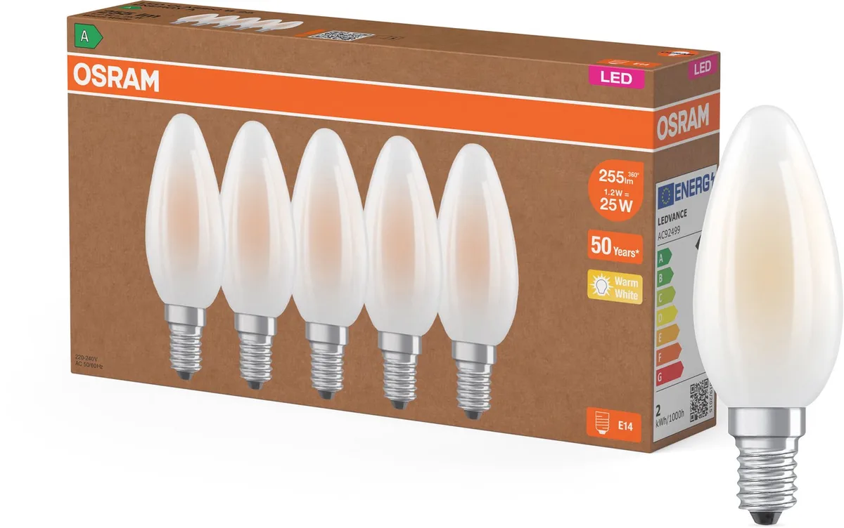 ledlamp Classic B 25 Filament energie-efficiëntieklasse A, pak van 5, E14, glas, gesatineerd, 1,2 W (ex 25 W), 255 lm by Osram – product photo