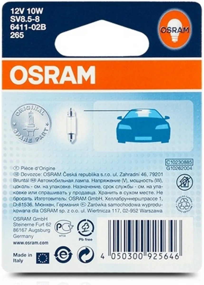 Original 6411 SV8,5-8 12V 10W C10W 02B de Osram – photo produit