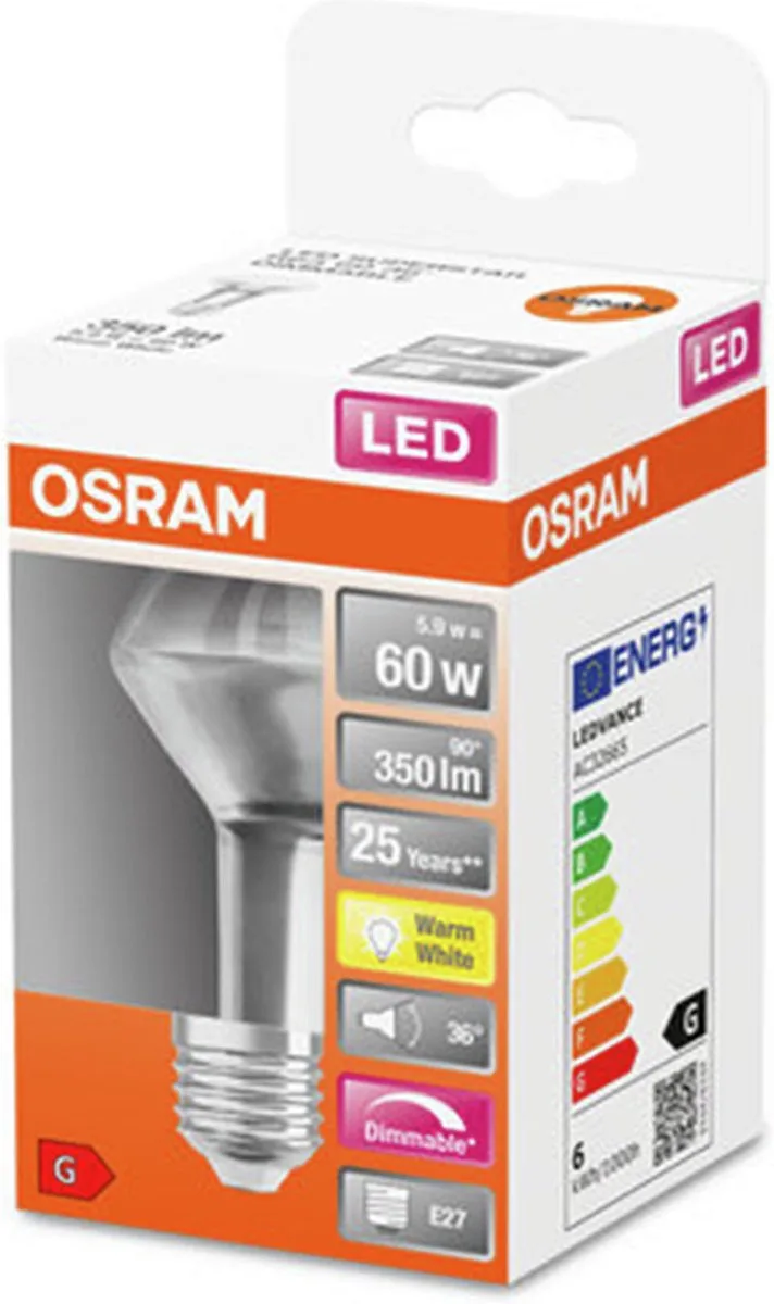 HOMELIGHTING 4058075126008 LED-lamp EEK G (A - G) E27 Reflektor 4.9 W = 60 W Varmvit (Ø x H) 63 mm x 102 mm dimbar 1 st från Osram – produktbild