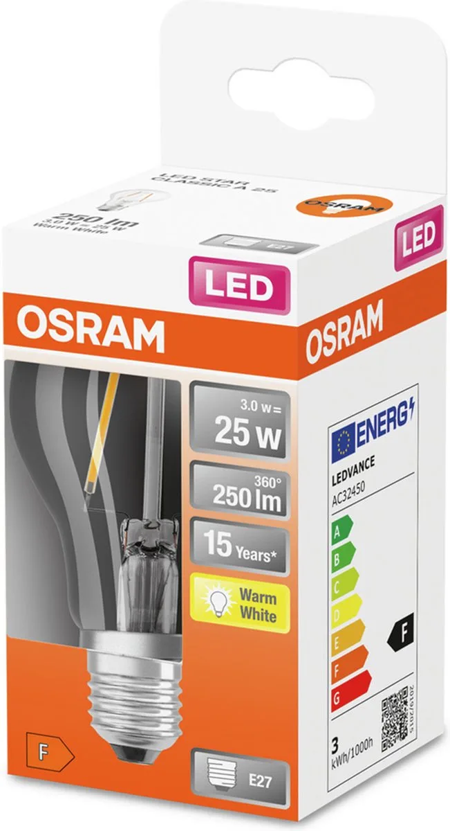 OSRAM 4058075434165 LED-lamp Energielabel F (A - G) E27 Peer 2.5 W = 25 W Warmwit (Ø x l) 60 mm x 105 mm 1 stuk(s) fra Osram – produktbillede