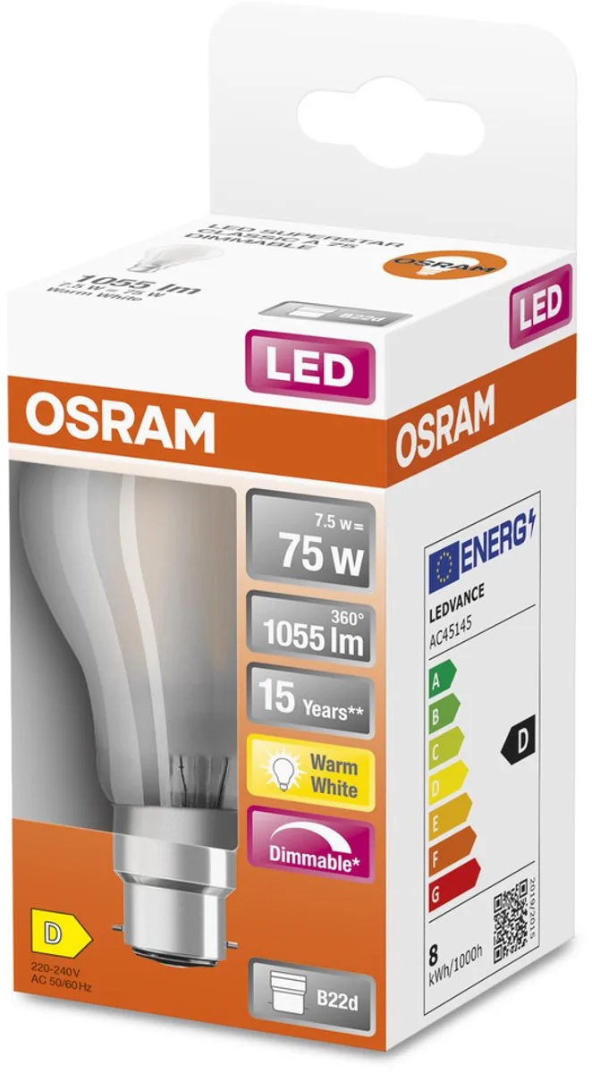 Retrofit Classic LED B22d Peer Mat 8.5W 806lm - 827 Zeer Warm Wit | Dimbaar - Vervangt 60W von Osram – Produktfoto