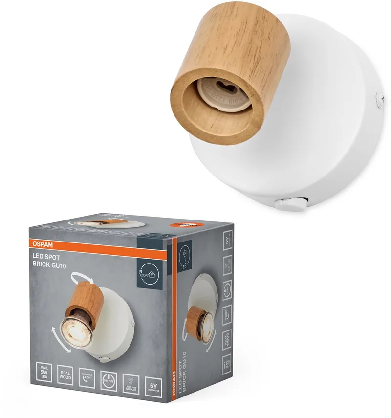Spot Brick wandlamp 1xGU10 wit hout, spot verstelbaar met schakelaar, woonkamer modern metaal hout von Osram in Weiß, Houtdecor – Produktfoto