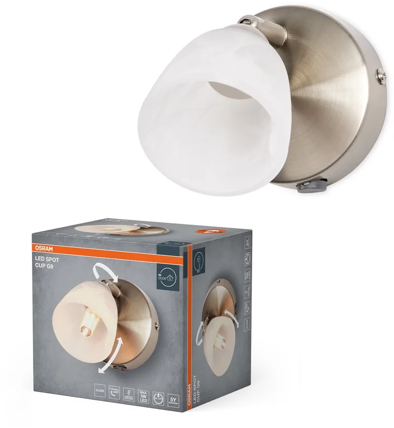 Spot Cup wandlamp 1xG9 spot albast glas verstelbaar, woonkamer hal metaal de Osram en Geborsteld nikkel – photo produit